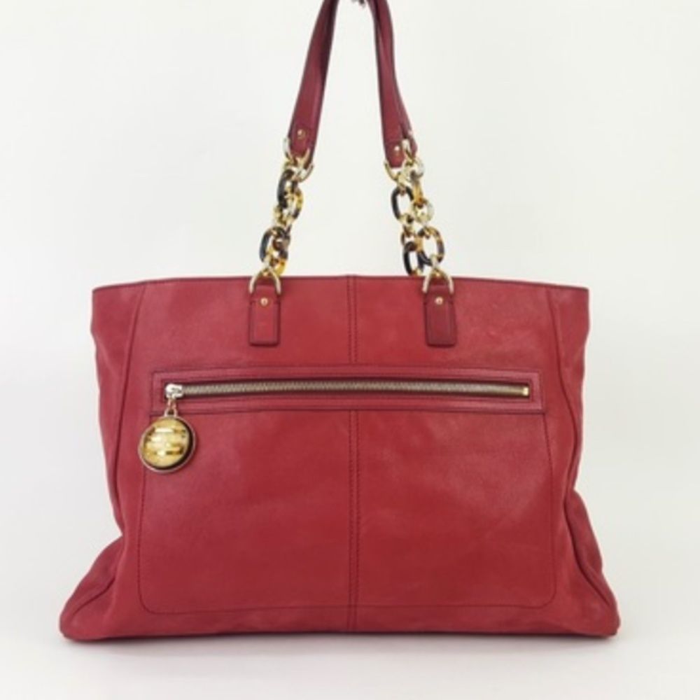 Fendi Rose Red Lame Leather Shopper Tote Shoulder Bag Handbag